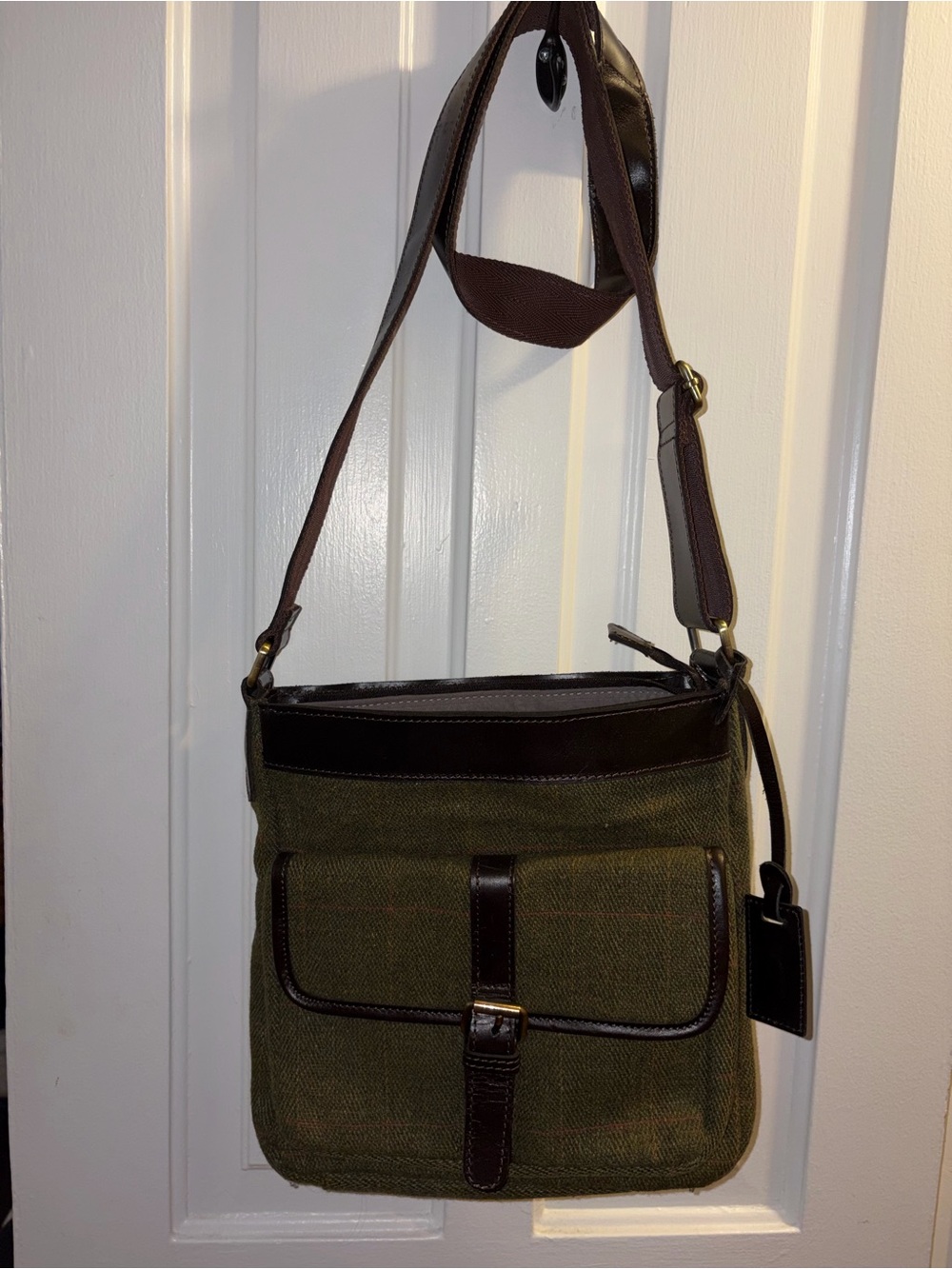 Classic Scottish Tweed Crossbody Bag in Olive Green with Brown Leather Trim